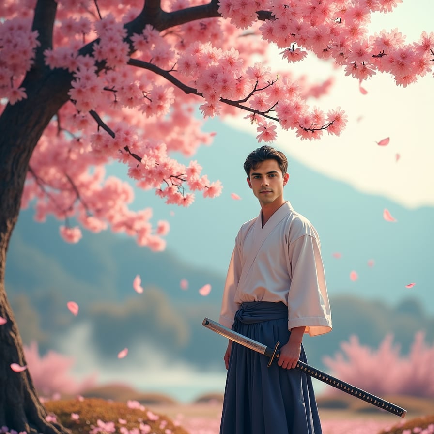 A lone samurai stands beneath a blooming sakura tree, his katana sheathed at his side. The wind carries pink petals through the air, blending with the distant mountains in the background. His expression is calm yet determined