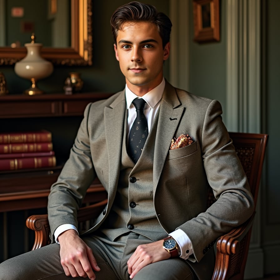 man with an aristocratic vibe. He is posed against a backdrop of a grand staircase or a lush, private estate. He is dressed in semi-formal attire, such as a blazer with an open-collared shirt, and his expression is calm and confident. The lighting should highlight his features and convey understated opulence