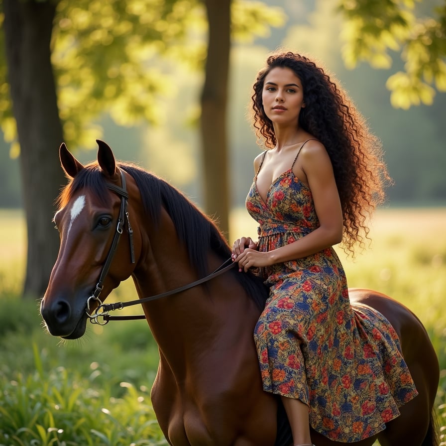 woman in elegant riding attire, long curly hair flowing in the wind, sitting confidently on a majestic horse, set against a serene countryside or rustic farm background with warm sunlight filtering through the trees.