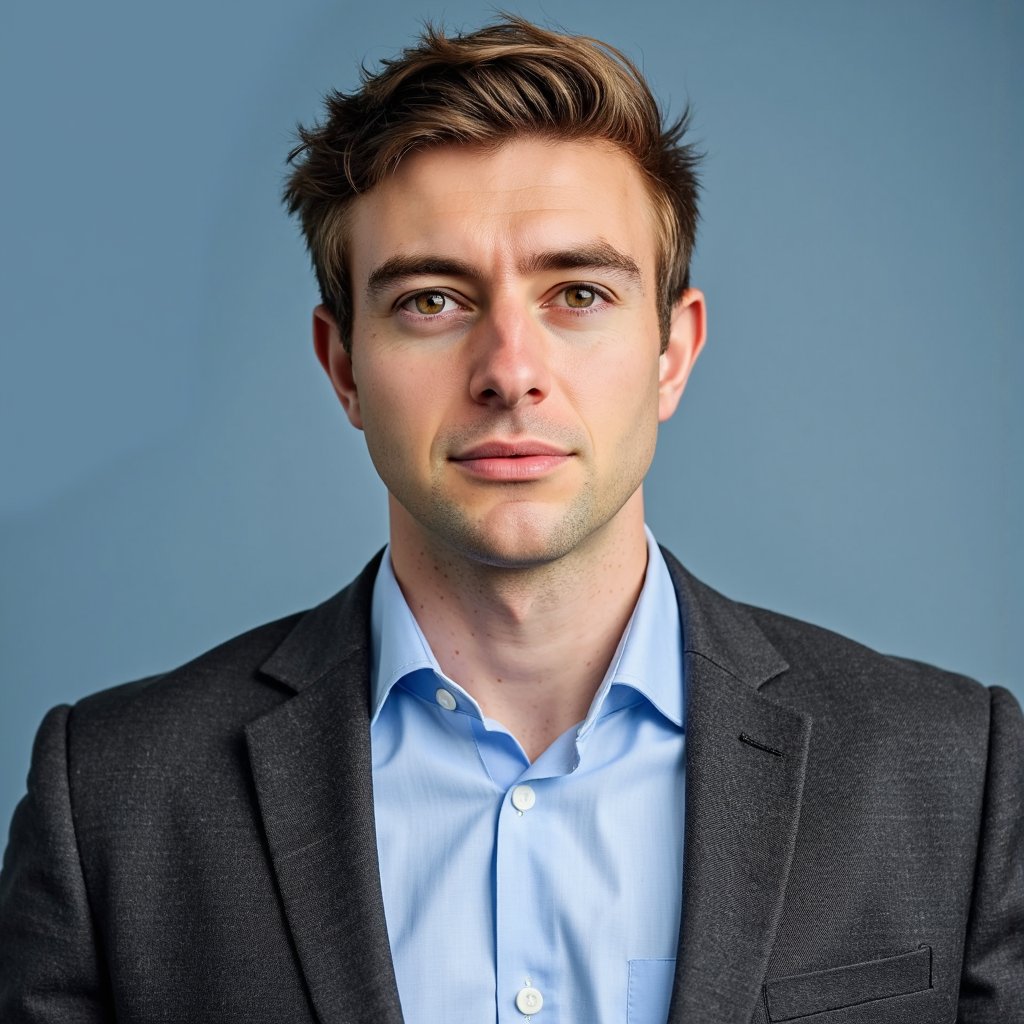 A highly realistic, crisp HDR passport photo of an adult male with light skin tone, photographed from shoulders up. He has neatly trimmed dark hair and a very short, clean beard. He wears a charcoal gray blazer and a light blue dress shirt beneath it. Lighting is balanced three-point studio lighting—key light front-facing, fill light softening shadows, and subtle hair light adding separation. Background is a smooth, uniform studio blue commonly used in official documents, slightly blurred but solid. Camera angle straight on, perfectly level. His expression is neutral, jaw relaxed, with eyes directly towards the camera. Jacket fabric shows subtle wool texture, and shirt fabric shows fine weave patterns. All details captured with high clarity.