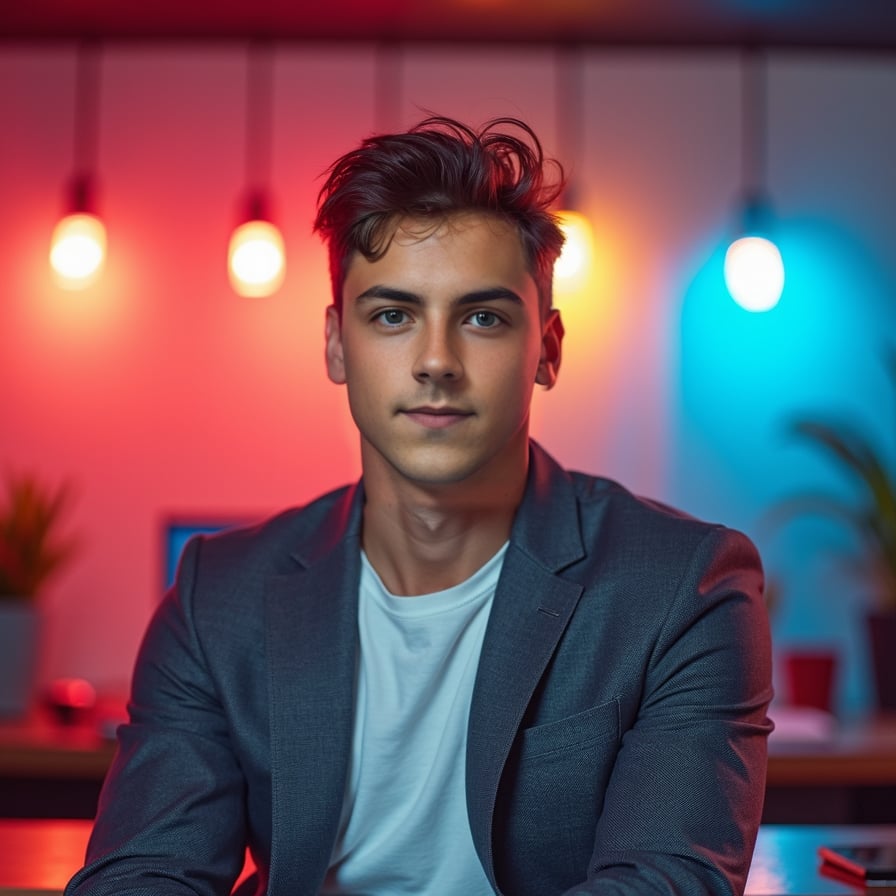 man with a confident and slightly playful expression, posed against a vibrant, multi-colored backdrop. He is wearing casual or sporty attire, and the image includes room for text overlays. The thumbnail should stand out on YouTube, Instagram, and other platforms