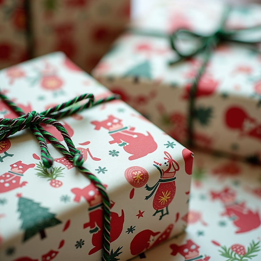Close-up of wrapping paper patterned with a favorite animal wearing a festive scarf or a meaningful motif (e.g., pinecones, musical notes). The colors are vibrant and the pattern feels joyous, elevating the gift’s presentation.