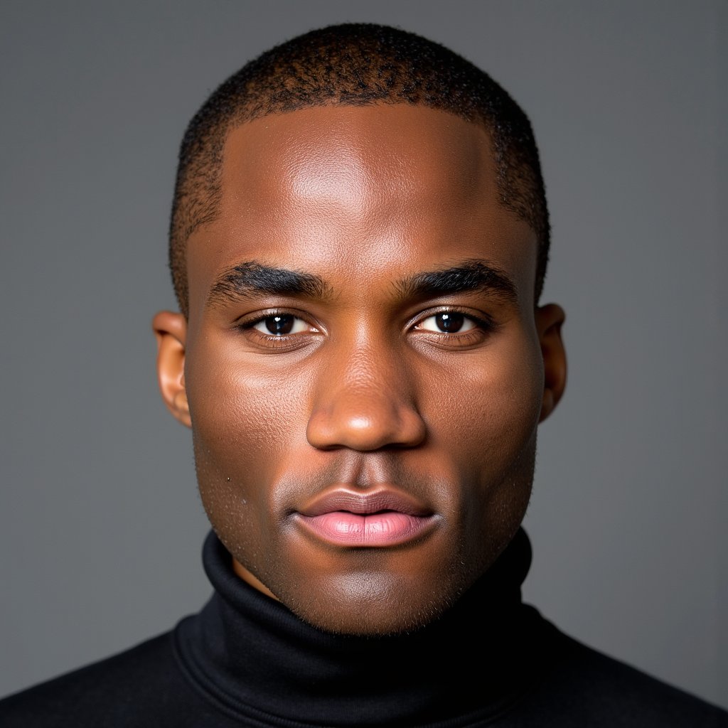 Front-facing close-up of a man wearing a black turtleneck. Clean-shaven, sharp jawline, subtle forehead lines visible. Background: solid muted grey. Even studio lighting creates balanced highlights across cheekbones and nose bridge. Hair texture and skin pores rendered naturally.