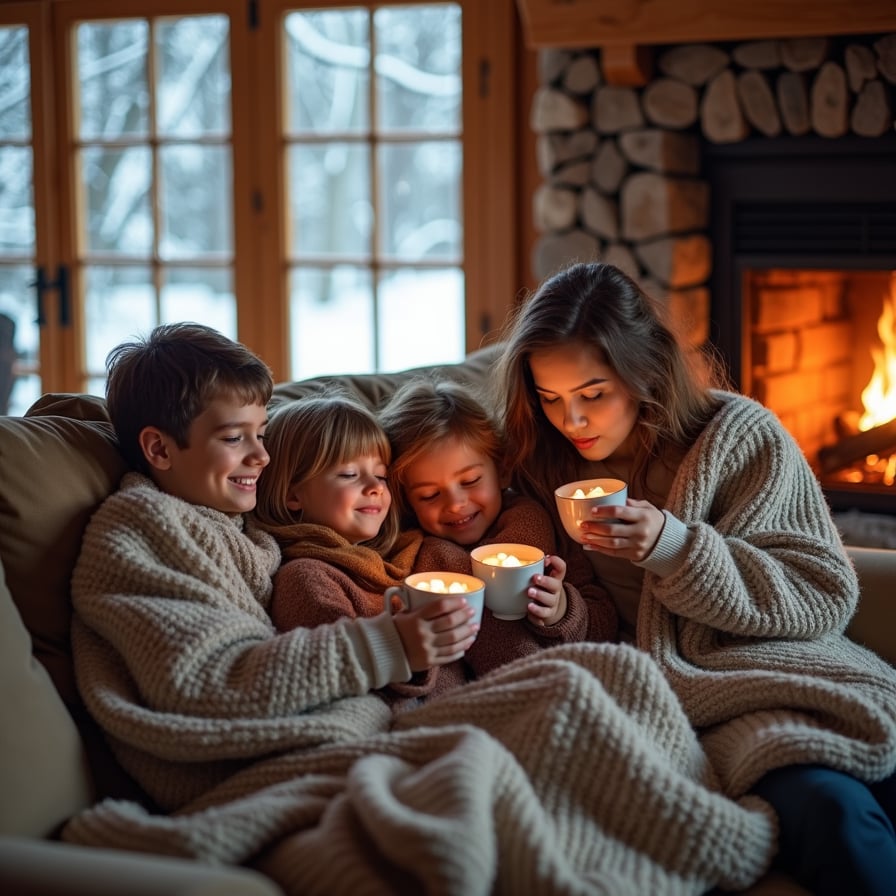 A family huddled together on a couch in a rustic wooden cabin, wrapped in thick blankets, sipping hot cocoa with marshmallows. A crackling fireplace casts a warm golden glow, with snow falling gently outside large frosted windows.