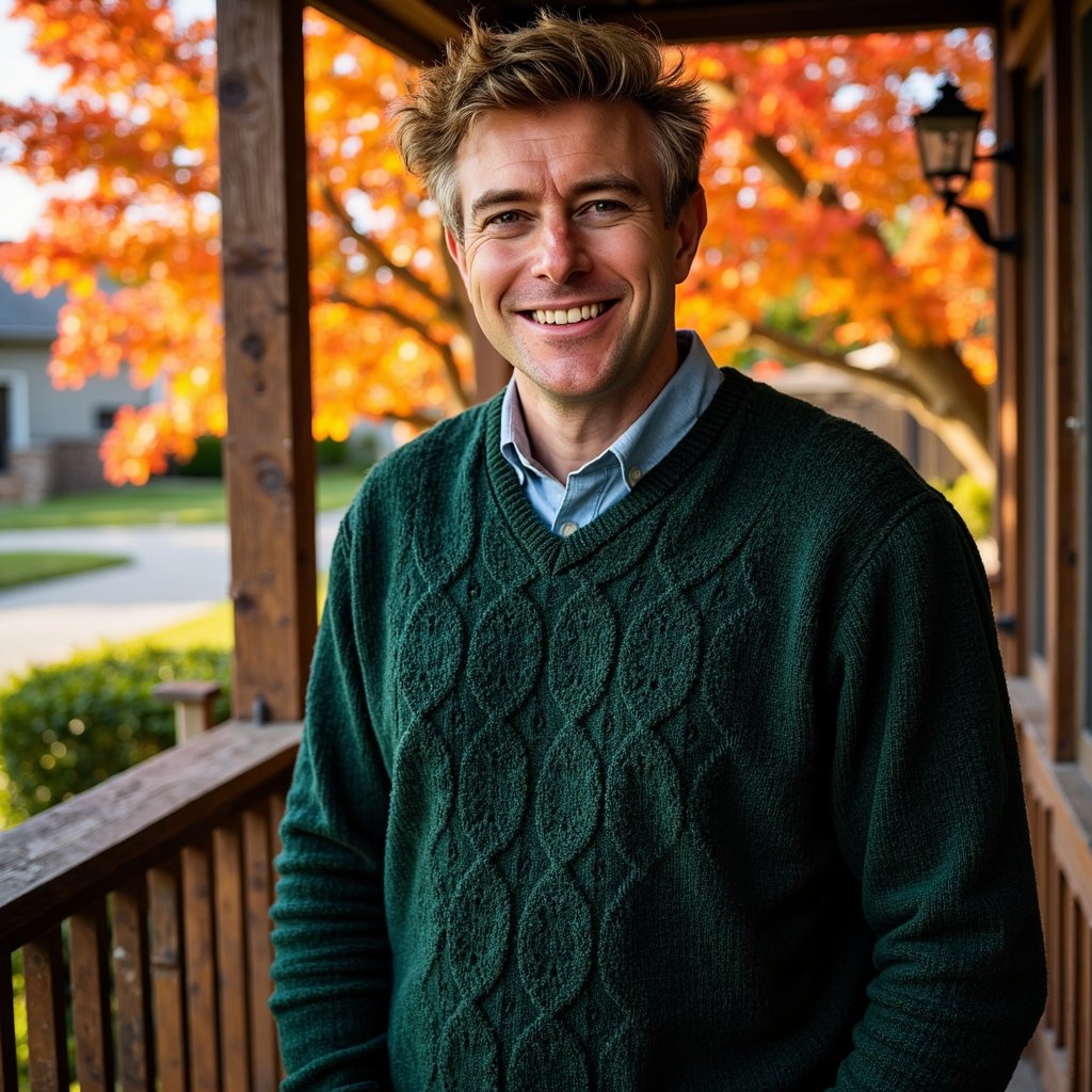 Highly realistic, highly detailed HDR head-and-shoulders portrait of a middle-aged Caucasian man (male, about 45 years old) standing outside on a rustic wooden porch with fall foliage behind. Camera angle straight-on at eye level. He is wearing a deep forest-green cable-knit sweater over a light chambray shirt (collar slightly visible), his hair is salt-and-pepper, neatly combed back; short beard trimmed. The evening golden hour sunlight filters through orange and red maple leaves behind him, casting warm rim light on his right shoulder and hair. Background softly blurred (shallow depth of field) showing the wooden porch rail and a hint of maple branches but no clutter. His expression is reflective but content — slight smile, crow’s-feet visible, skin texture detailed with natural pores and light stubble. The sweater fabric shows the cable-knit pattern in sharp detail, the chambray shirt faint texture visible. Light wind gently moves a few loose strands of hair and leaves behind him. Overall tone: autumnal, serene, gratitude.