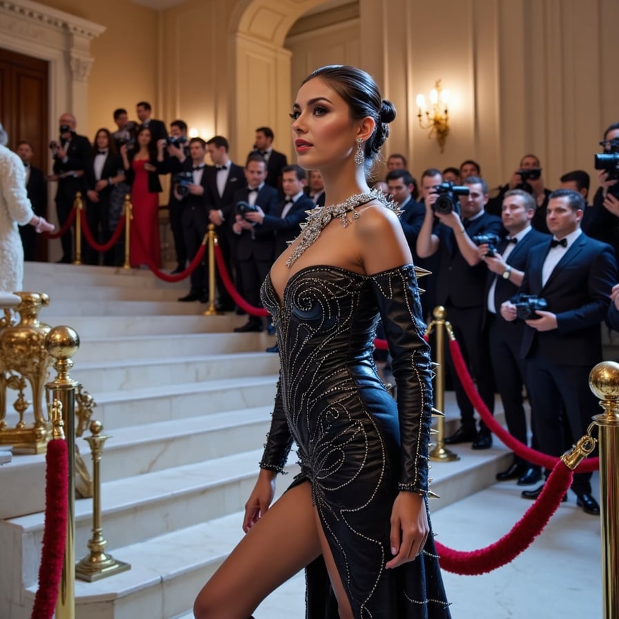 A dystopian Met Gala look: structured leather exoskeleton bodice, neon underlights, sharp shoulder spikes, and slicked-back chrome hair.