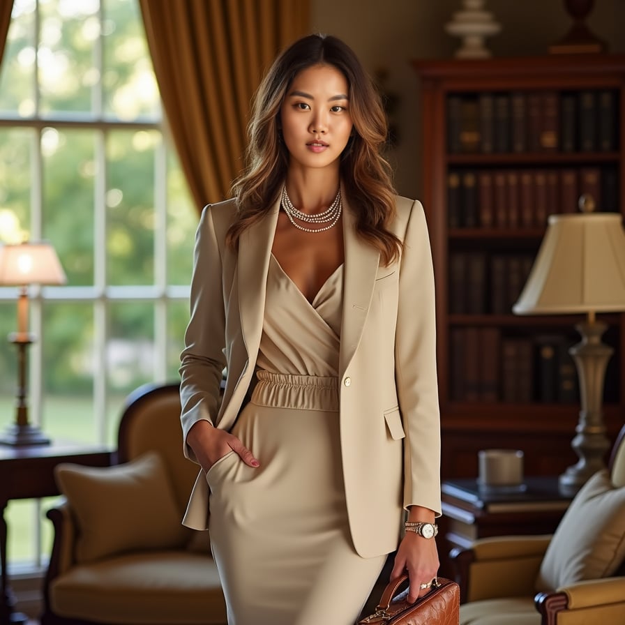 woman with an elegant and aspirational presence. She is styled in classic, neutral-toned attire with subtle jewelry. The backdrop is a softly blurred scene of an exclusive garden or a sunlit mansion interior. Her expression is serene yet inviting, perfect for an aristocratic social media persona