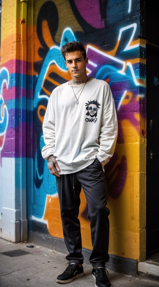 Handsome street punk, graffiti alley, detailed, hyper-realistic setting.