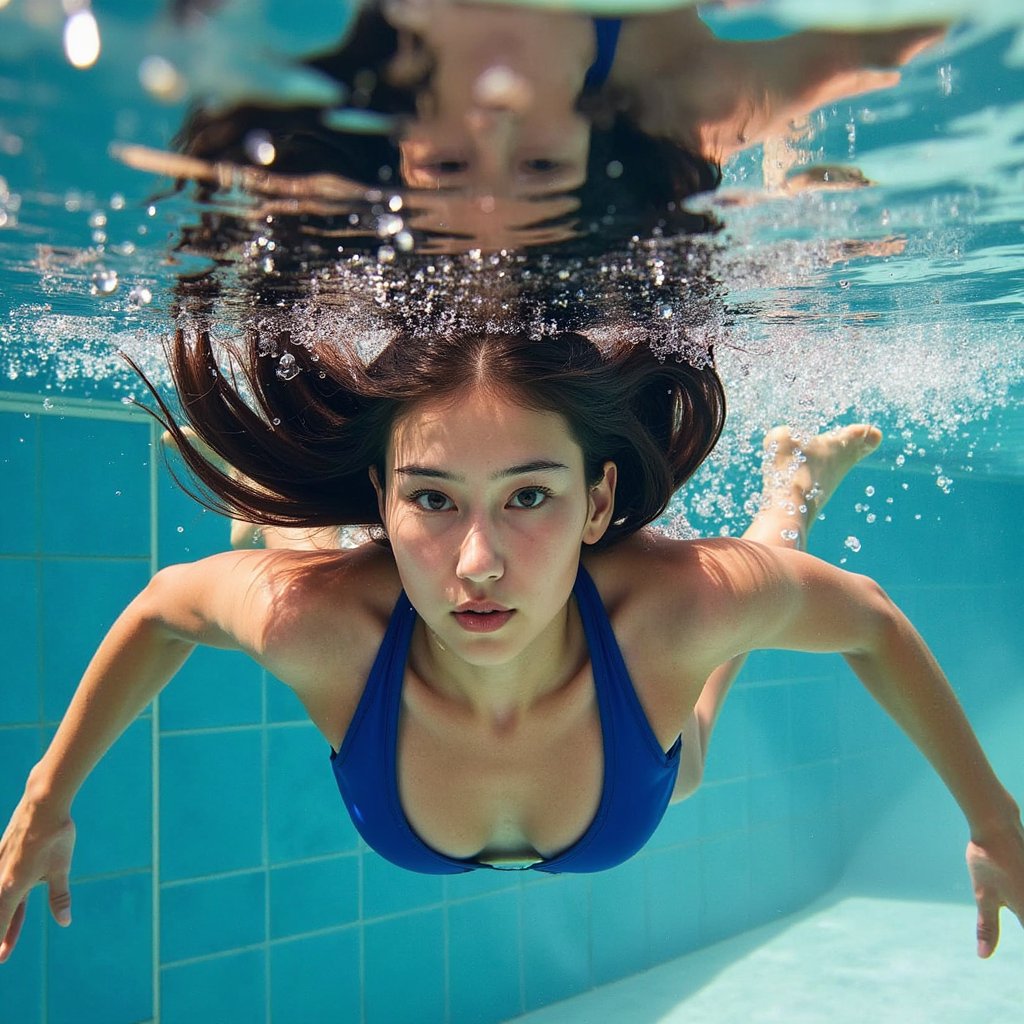 Adult woman — underwater pool mid-shot; attire: cobalt blue sporty bikini with bonded seams; hair: freely floating, small air bubbles; pose: horizontal glide, toes pointed, eyes open toward camera with calm face; camera: 24mm wide in housing, f/4, ISO 400, 1/250s; lighting: midday sun creating caustics, plus a strobe from poolside for fill; background: clean tiled pool wall, minimal clutter; details: sharp capture of water caustic patterns on skin and fabric, tiny bubbles along hair strands; style: highly realistic, highly detailed, HDR, aquatic editorial.