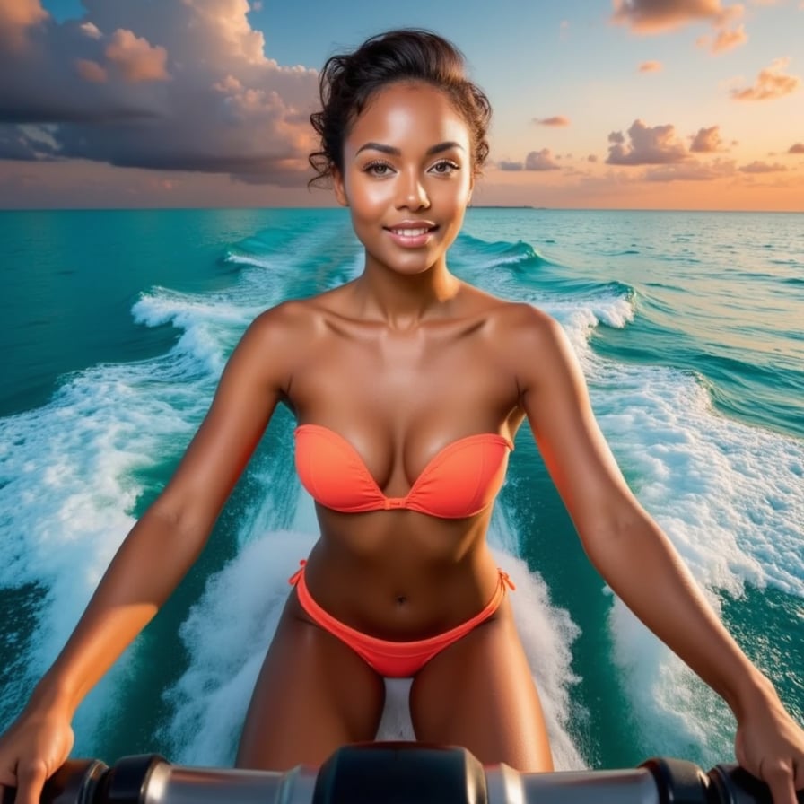 In the foreground, a woman in a neon bikini rides a high-powered jet ski at full speed, water cascading off the sides and spraying into the air. Behind her, a turquoise ocean stretches towards the horizon, sparkling in the sun. In the background, a sunset sky explodes with vibrant oranges, pinks, and purples, hinting at an epic summer party on the horizon.  
