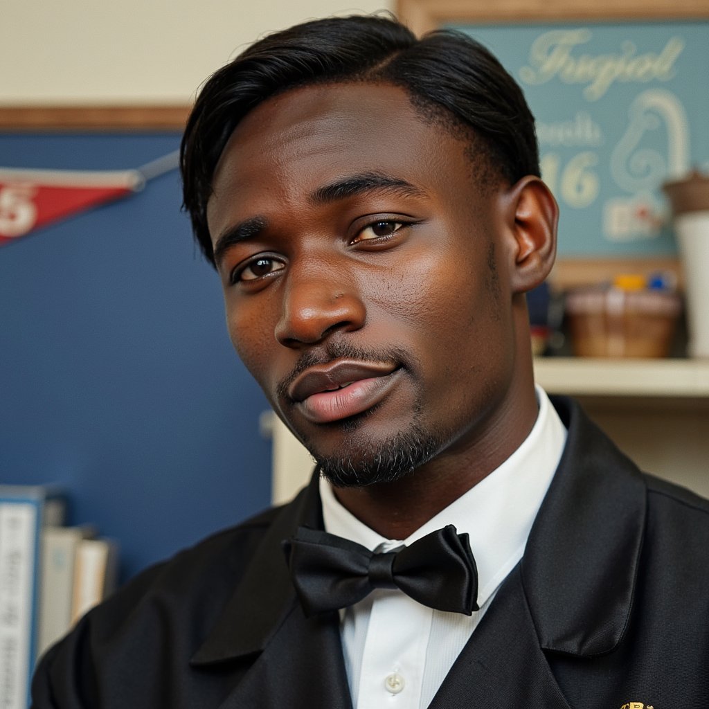 Extremely realistic 1960s male yearbook portrait in studio, shot at medium-close range (shoulders and face) with a shallow depth of field. Subject wears a classic black tuxedo with satin peak lapels and a hand-tied bow tie, crisp white dress shirt with a subtle vertical stripe pattern visible in high resolution. The tuxedo fabric reveals a matte wool finish with faint microfibers visible around the collar. His short, side-parted hair is combed back with a modest pomade shine, individual hair strands distinct near the forehead. Skin shows light peach fuzz and natural skin texture with visible pores on the nose and a slight crease beside the smile lines. Expression is soft, lips gently closed, gaze slightly off-camera with a calm intensity. Lighting is studio-based 3-point, with a key light casting smooth gradient shadows beneath the jawline and collar, and a rim light separating him from the muted blue muslin backdrop. Background is softly mottled and fades gently toward the edges for a vintage effect.
