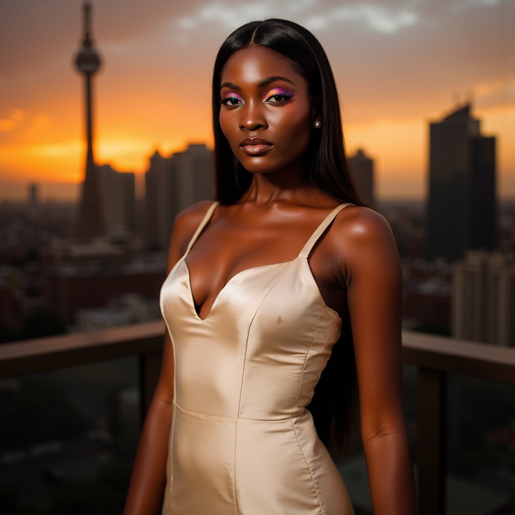 woman wearing a sleek, high-fashion gown, her gaze directed slightly above the camera. Dramatic lighting casts deep shadows and highlights on her face and gown. Behind her, a cityscape bathed in golden sunset hues contrasts with her elegant and mysterious presence. Her long, straight hair frames her face. Her makeup features striking rainbow eyeliner, glossy nude lips, and a dewy foundation, giving her skin a visible glow. She maintains a calm expression with a direct gaze.