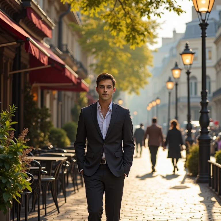 man in stylish, modern attire, wearing a fitted blazer and slim-fit trousers, wa