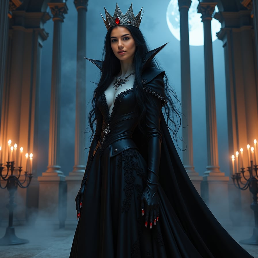 Create an image of an ethereal vampire queen standing in a grand, gothic throne room lit by flickering candles. She has pale skin, piercing red eyes, and long, dark hair cascading over her shoulders. She wears a black, flowing gown with intricate lace details and a silver crown adorned with blood-red jewels. The setting is shadowy and mysterious, with moonlight streaming through tall arched windows, casting haunting shadows across the room.