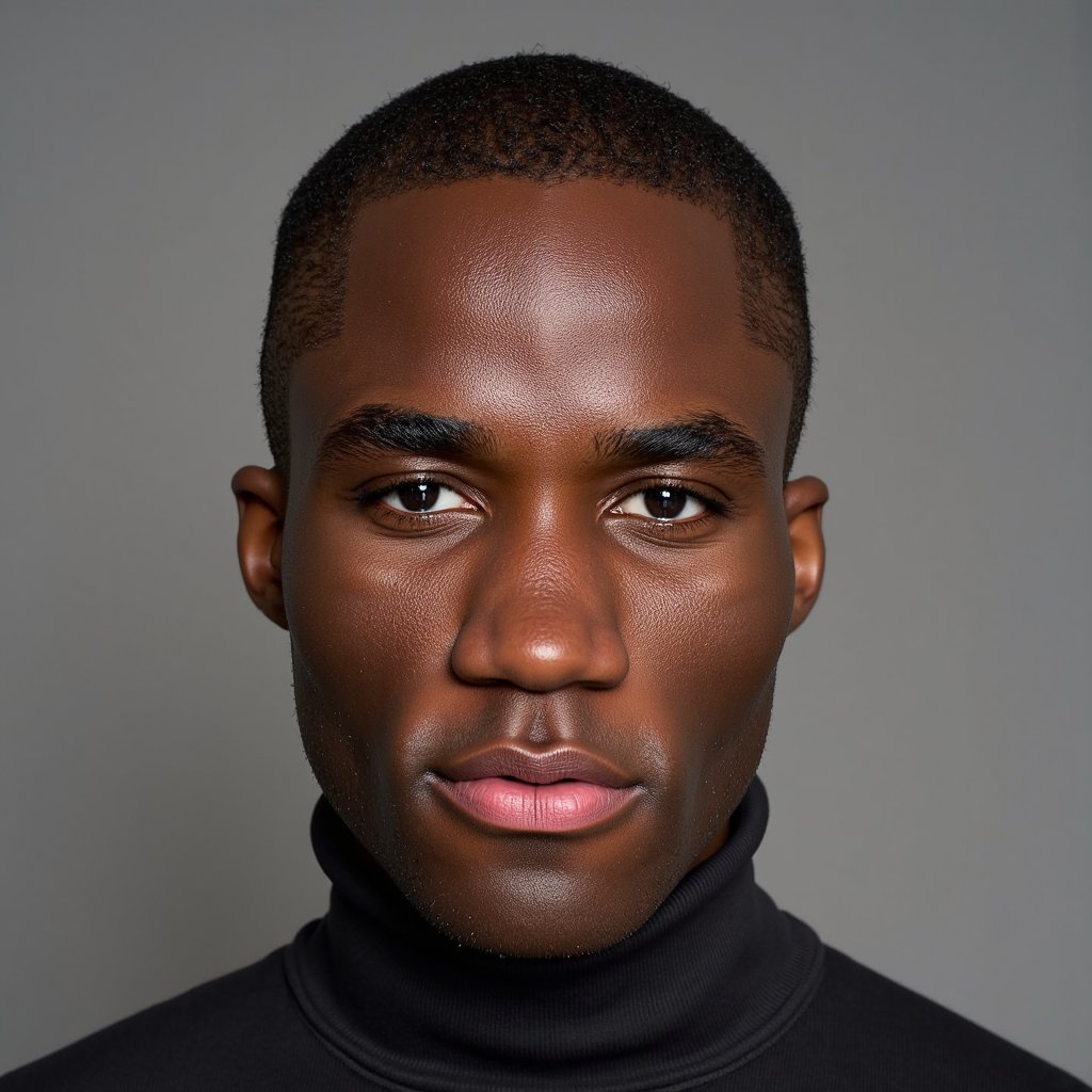 Front-facing close-up of a man wearing a black turtleneck. Clean-shaven, sharp jawline, subtle forehead lines visible. Background: solid muted grey. Even studio lighting creates balanced highlights across cheekbones and nose bridge. Hair texture and skin pores rendered naturally.