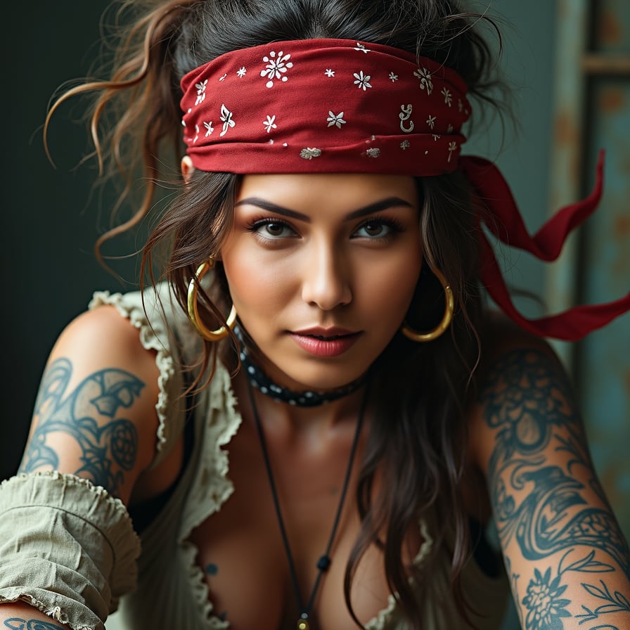 Pirate woman, wild, detailed tattoos, rugged attire, photorealistic.