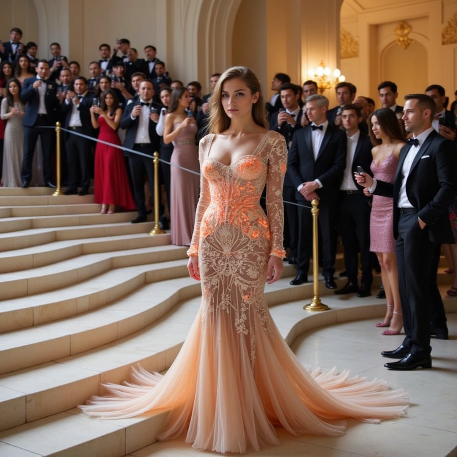 A fashion-forward woman in a floral biomechanical dress — part nature, part machine — with glowing petals and robotic limbs at the Met Gala