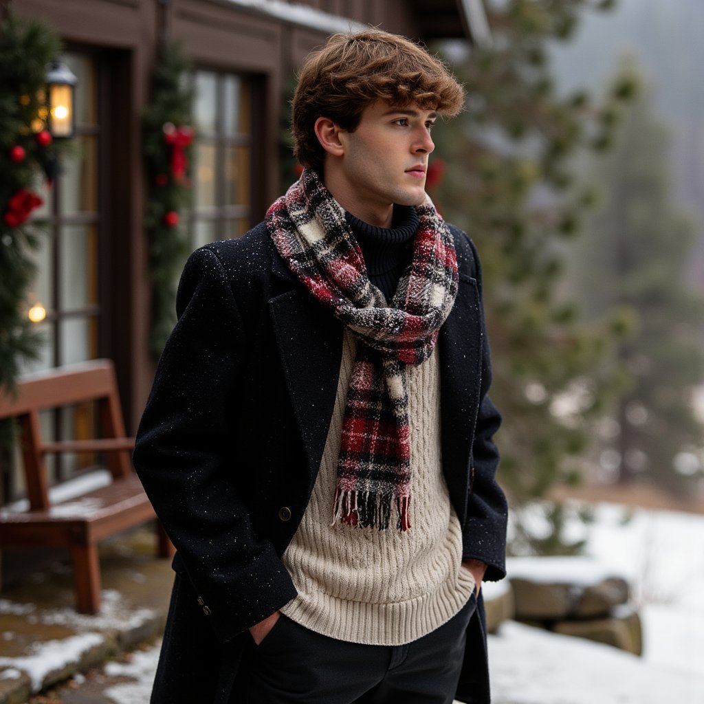 Man standing on a snow-dusted stone terrace overlooking pine forest; body slightly turned, eyes into distance. Hairstyle: swept-back hair, trimmed beard with snow specks. Attire: dark wool overcoat layered over a cream cable-knit sweater, plaid scarf loosely wrapped. Fabric details: visible wool fibers, scarf weave, frost crystals. Camera: medium telephoto, 70mm, f/2.8. Lighting: soft overcast daylight, gentle edge light from snow reflection. Background: blurred snow-covered pines and lodge windows glowing faintly; minimal foreground clutter. Pose: hands in coat pockets, posture upright. Render: highly detailed, highly realistic, HDR; visible breath mist, true skin tone under cool light.