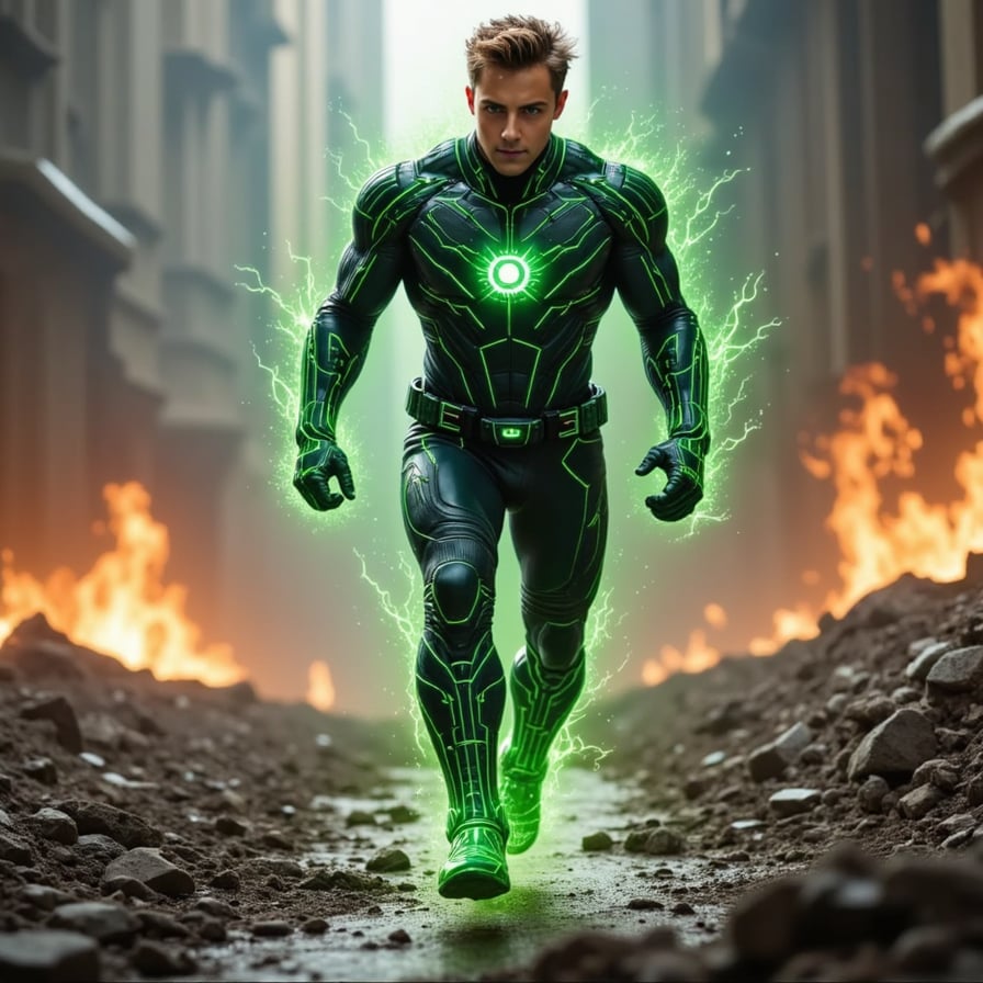 A super-sized male superhero in green cybernetic armor with glowing lines and static sparks, charging forward in a destroyed battlefield, dramatic lighting and motion blur
