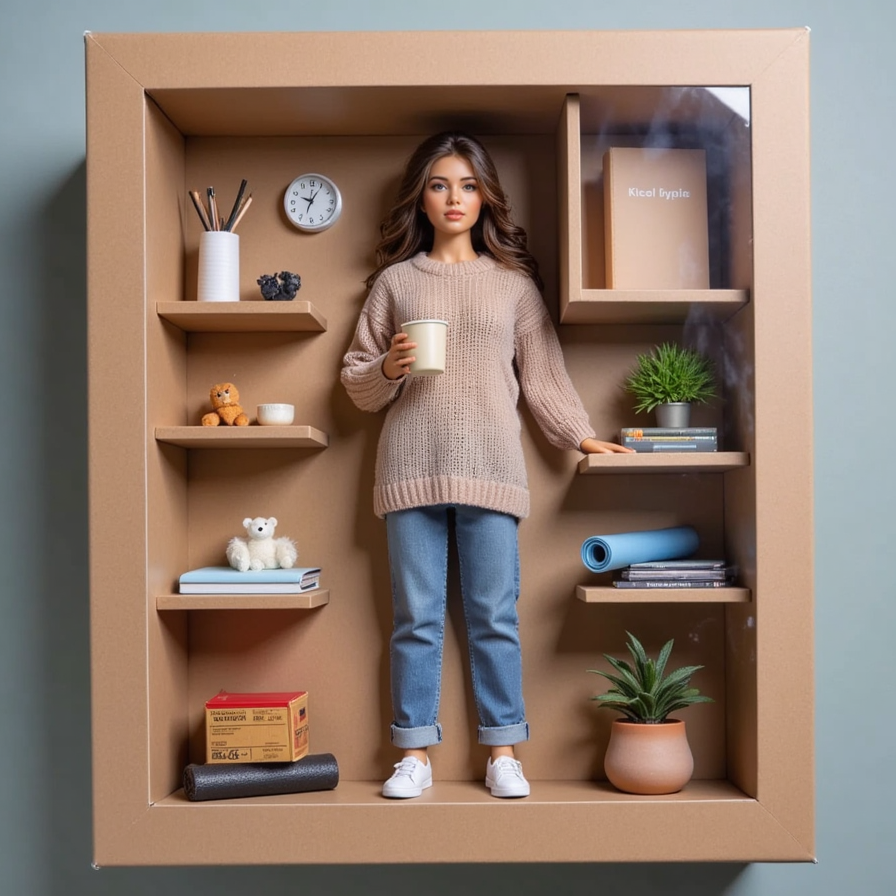 Relaxed woman in oversized sweater, holding a coffee, surrounded by books and a 