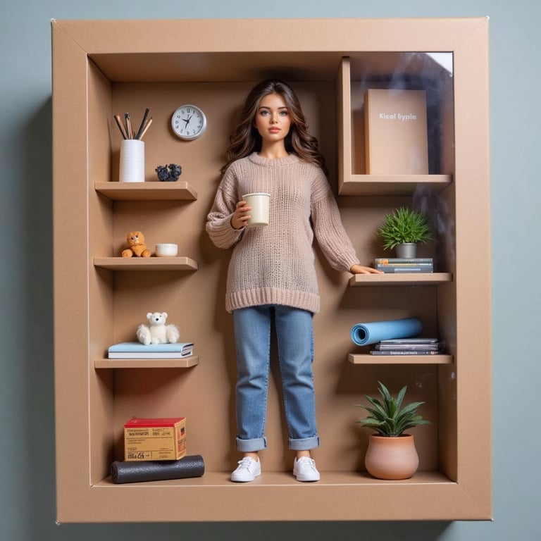Relaxed woman in oversized sweater, holding a coffee, surrounded by books and a 