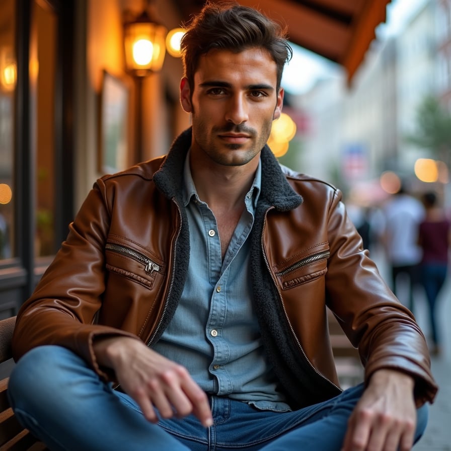 man in a relaxed social setting, such as sitting on a bench or leaning against a railing. He has a confident smile or a thoughtful expression, dressed in trendy casual wear like a leather jacket or denim shirt. The lighting adds warmth and highlights his natural appeal