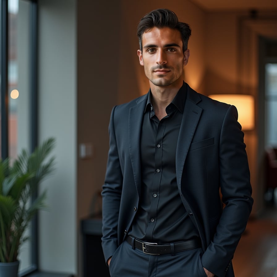 man in a sleek business suit, standing against a neutral or cityscape backdrop. His expression is confident and approachable, with crisp lighting accentuating his features. The image should convey leadership and trustworthiness
