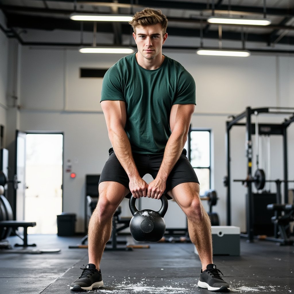 Man executing a two-hand Russian kettlebell swing at chest height in a minimalist functional gym; close-cropped hair, focused eyes; wearing a forest-green quick-dry tee (fine pique texture), black 7” training shorts, flat lifting shoes; both hands centered on handle with firm neutral grip (no intertwined fingers), chalk dust drifting; mid-distance frontal shot, 70mm, f/2.8, 1/1600, ISO 640 to freeze kettlebell and chalk; overhead strip LEDs as key with cool rim from open doorway, soft shadows on rubber flooring; background: plyo box and rack softly blurred, minimal clutter; sharp detail on cast-iron patina, fabric grain, forearm hair, and sweat sheen; highly detailed, highly realistic, HDR.