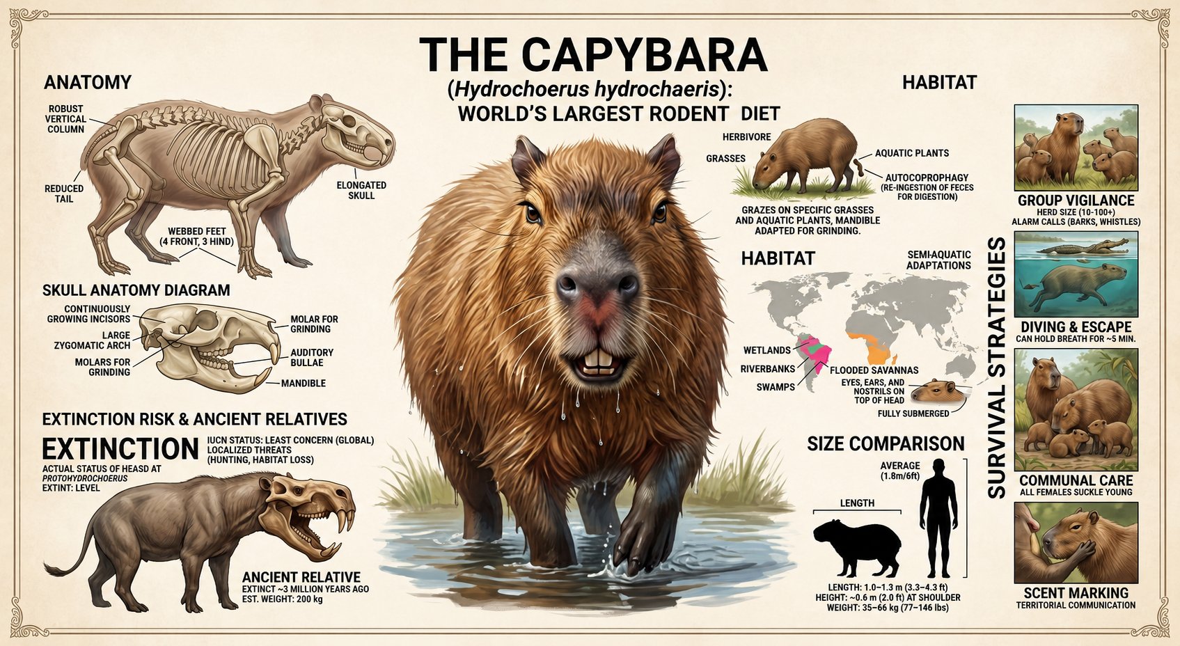 Scientific educational infographic about a capybara