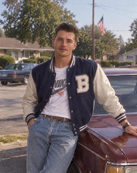 Transform the uploaded photo into a realistic American photograph from the 1980s/1990s. Keep the person’s exact facial identity, facial structure, eyes, nose, lips, skin tone, age, hairstyle characteristics, body proportions, and recognizable features unchanged.
Change only the era, clothing, environment, styling, and photographic characteristics.
Dress him in authentic American 80s/90s fashion appropriate to the chosen era: vintage denim, relaxed-fit jeans, graphic/striped T-shirt, varsity jacket, bomber jacket, flannel, windbreaker, sneakers, or other period-accurate clothing. Make the outfit look naturally worn rather than costume-like.
Replace the background with an authentic American 80s/90s setting such as a suburban street, retro diner, high-school/college hallway, video store, arcade, bedroom, mall, or gas station, depending on what fits the person naturally.
Use period-accurate hairstyles, accessories, cars, furniture, signage, technology, and architecture where visible. Everything should feel historically consistent.
Make it look like a genuine photograph actually taken during that decade, not a modern photo with a vintage filter: analog film grain, subtle film softness, realistic flash or available lighting, slightly imperfect exposure, natural shadows, muted film colors, authentic skin texture, slight color shifts, and realistic 35mm photography characteristics.
Do not alter the person's identity or facial features. Do not make the face look younger or older.
No modern objects, modern fashion, contemporary architecture, digital-camera look, excessive film effects, AI-looking skin, cartoon appearance, or artificial vintage filter.