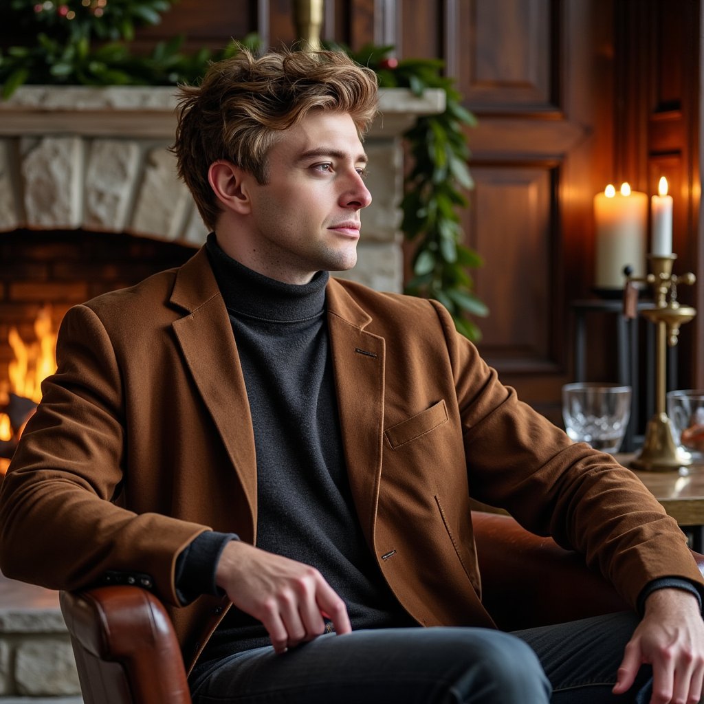 Man sitting near a crackling fireplace, profile angle at 45°, gaze slightly off-camera, thoughtful. Hairstyle: tousled medium-length waves with light texture, light stubble. Attire: charcoal wool turtleneck under a brown suede jacket. Fabric details: visible suede nap, tight rib knit texture on turtleneck. Camera: slightly low angle, 50mm lens, f/2.0. Lighting: warm directional key from fire + soft fill from opposite side, highlights reflecting in eyes. Background: blurred stone hearth, brass fire tools, hanging evergreen wreath. Pose: one arm resting on chair arm, subtle lean forward. Render: highly detailed, highly realistic, HDR; warm golden tones, natural imperfections retained.
