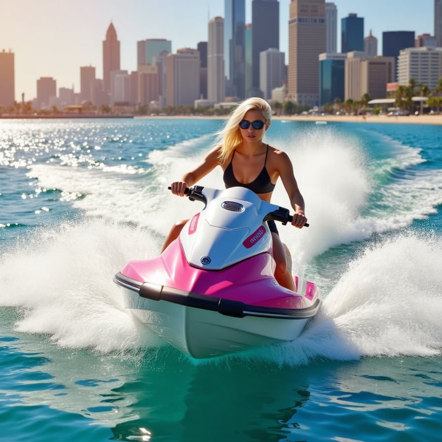 A dynamic GTA VI scene showing a character racing across turquoise water on a jetski, mid-turn as stylized arcs of water spray outward in clean, cinematic motion. Sunlight reflects off droplets and the surface glistens with motion blur. The setting captures Vice City’s coastal energy — stylized, sharp, and full of Rockstar attitude.
