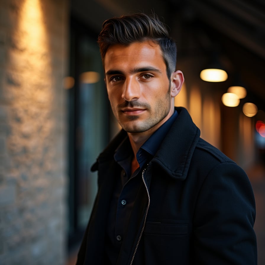 man with a confident, subtle smile. He is styled in dark, sleek clothing, with dramatic lighting highlighting his features. The background is moody, like a dimly lit urban street or an abstract textured wall, evoking intrigue and allure