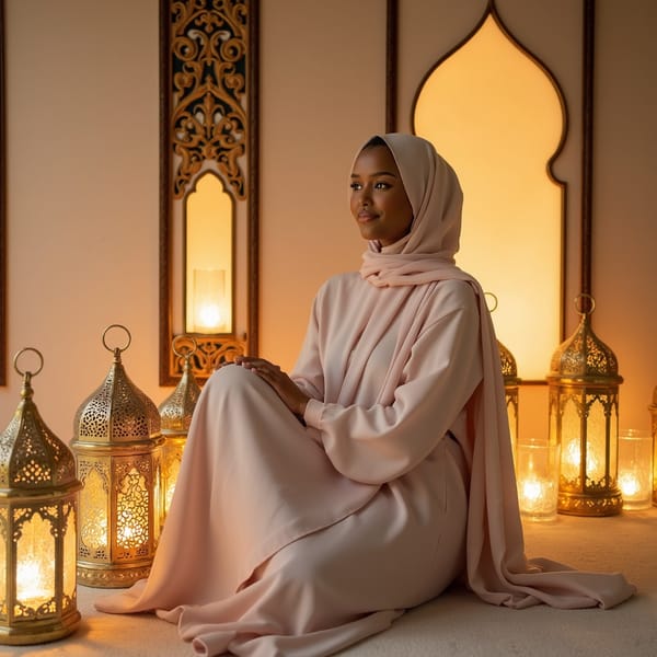 Knee-up portrait of a woman in a flowing abaya with soft pastel hues, subtle smile, surrounded by decorative lanterns in gentle golden light — inspired by Mawlid traditions