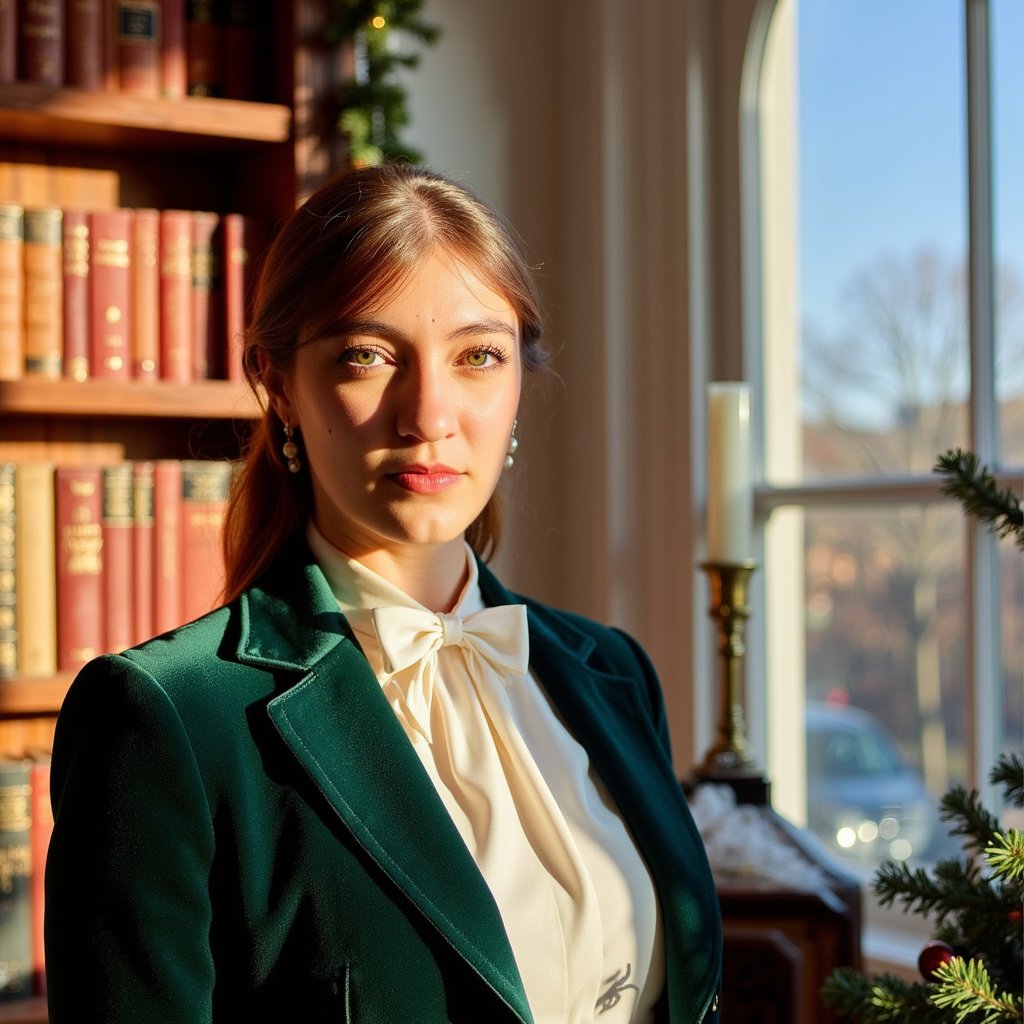A refined woman by a tall arched window, bathed in warm golden-hour sunlight; soft shadows contour her face. Hairstyle: side-parted, soft low curls tucked behind one ear. Attire: cream silk blouse with a high neck bow, deep forest-green velvet blazer. Fabric details: lustrous silk sheen, subtle velvet texture catching light at lapels. Camera: eye-level, 85mm, f/1.6 for smooth background blur. Lighting: warm sun rim through window glass + faint ambient fill from the room. Background: blurred library shelves with aged books, a small brass lamp, subtle festive garland; minimal elements. Pose: chin slightly lifted, relaxed confidence. Render: highly detailed, highly realistic, HDR; visible hair strands, fabric grain, skin pores.