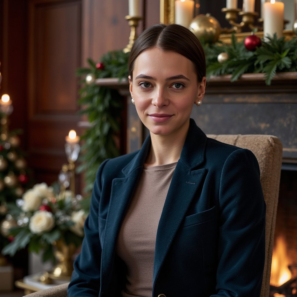 A poised woman seated ¾ to camera, head slightly tilted, soft smile. Hairstyle: sleek low chignon with a few face-framing strands. Attire: jewel-tone velvet blazer with peak lapels over a fine-gauge cashmere turtleneck; subtle tartan scarf tucked at the neck; small pearl studs. Fabric details: visible velvet pile, crisp wool twill in the scarf. Camera: eye-level, 85mm portrait, f/1.8 for creamy bokeh. Lighting: warm key from fireplace + gentle fill; candle bokeh highlights; slight rim from a hidden practical lamp. Background: mahogany-paneled library, brass candlesticks, crystal ornaments, evergreen garland—tastefully blurred, minimal clutter. Pose: relaxed shoulders, hands out of frame. Color mood: rich jewel tones, warm brass. Render: highly detailed, highly realistic, HDR; skin texture natural; minimal retouching.
