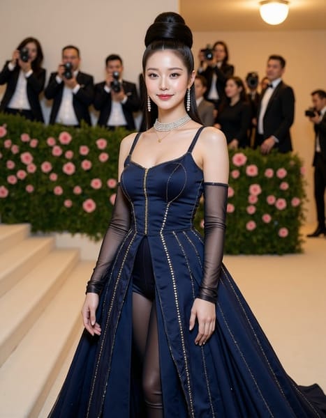 A breathtaking female Met Gala look inspired by haute couture and astral mythology. The subject shares the exact face and features of the uploaded person — flawless dewy skin, razor-sharp contour, and a dramatic smoky eye with gold celestial liner. She wears a sculptural deep midnight-blue and obsidian gown by an imagined visionary designer, adorned with hand-embroidered constellations in platinum thread, cascading into a 10-foot cathedral train that dissolves into cosmic stardust at the hem. The bodice features avant-garde architectural boning and a plunging neckline draped in liquid silver fabric. Hair styled in a gravity-defying sculptural updo with black lacquered finish, threaded with micro-diamond star pins. Accessories include a statement choker of raw sapphires and drop earrings catching the light like falling stars. Pose is imperious and editorial — one hand raised, chin tilted upward — on the iconic Met Gala steps, surrounded by blurred bokeh camera flashes. Shot in the style of Paolo Roversi for Vogue Italia. Cinematic rim lighting, ultra-realistic, 8K, hyperdetailed fabric texture.