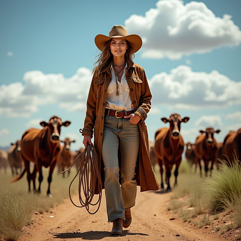 woman in rugged cowboy attire, worn leather duster coat and wide-brimmed hat, holding a lasso, confidently leading a herd of cattle across a vast, sun-scorched ranch landscape, underneath a bright blue sky with fluffy white clouds.