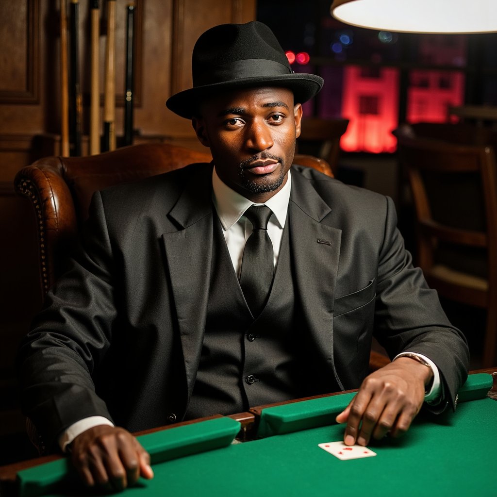 Highly detailed, highly realistic, HDR medium close (50 mm, f/2.0): green baize card table; graphite suit, thin black tie, cufflinks catching speculars; neatly trimmed goatee; overhead pool‑table lamp creates circular 3200 K key, gentle side fill lifts eye sockets; right hand idly spins a heavy gold coin (hint of motion blur), left fingers on a single playing card; background = rack of cues and empty chairs in bokeh.