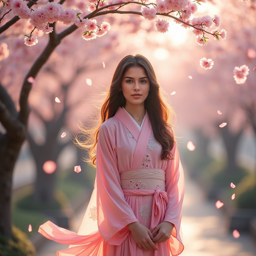 A young woman in a flowing pink kimono stands beneath a canopy of cherry blossoms, her long hair swaying in the gentle breeze. Soft sunlight filters through the petals, casting a dreamy glow on her face.