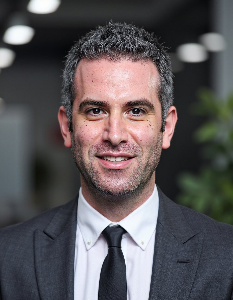 Chest-up portrait of a young man wearing a fitted charcoal suit and white shirt, no tie. Short neatly styled hair, clean-shaven. Posed frontally, soft smile. Background: blurred modern office interior. Balanced lighting, mid-aperture depth. Razor-sharp fabric and skin texture, professional tone.