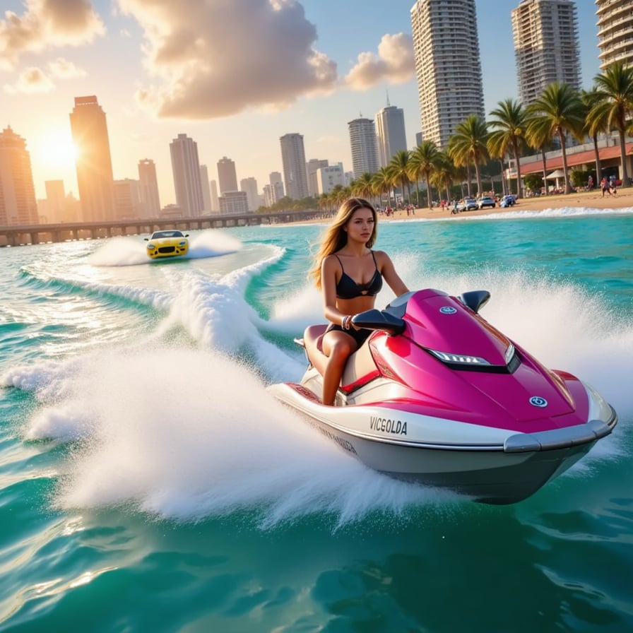 GTA 6-style high tide pursuit on a flooded freeway, sports cars half-submerged, helicopters above, sun setting in the distance — gritty and chaotic