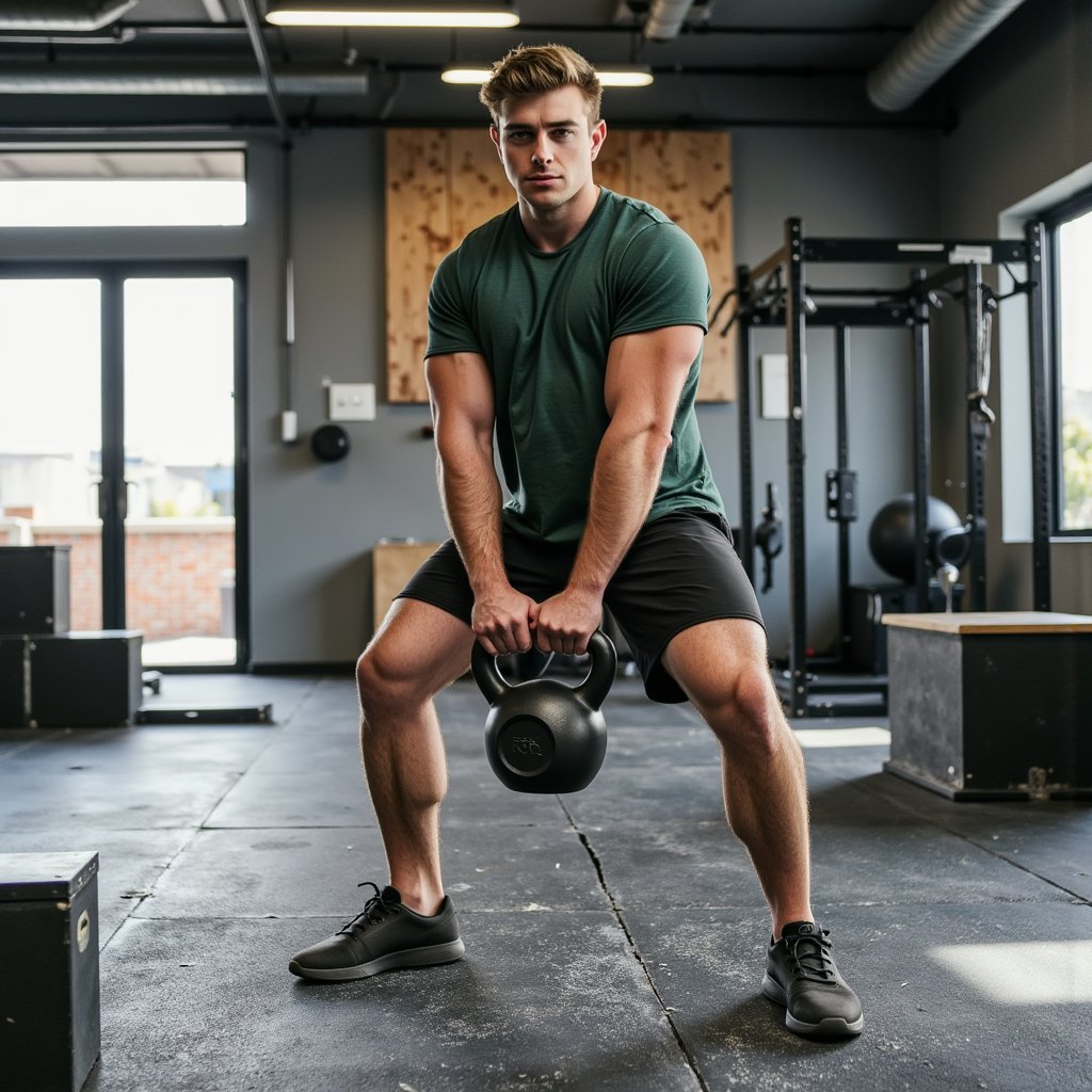 Man executing a two-hand Russian kettlebell swing at chest height in a minimalist functional gym; close-cropped hair, focused eyes; wearing a forest-green quick-dry tee (fine pique texture), black 7” training shorts, flat lifting shoes; both hands centered on handle with firm neutral grip (no intertwined fingers), chalk dust drifting; mid-distance frontal shot, 70mm, f/2.8, 1/1600, ISO 640 to freeze kettlebell and chalk; overhead strip LEDs as key with cool rim from open doorway, soft shadows on rubber flooring; background: plyo box and rack softly blurred, minimal clutter; sharp detail on cast-iron patina, fabric grain, forearm hair, and sweat sheen; highly detailed, highly realistic, HDR.
