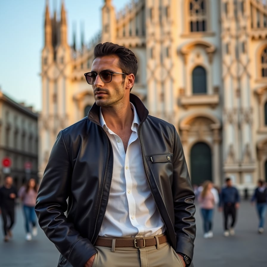man standing in elegant attire, Duomo di Milano in the background, warm afternoon lighting, stylishly posed with confidence