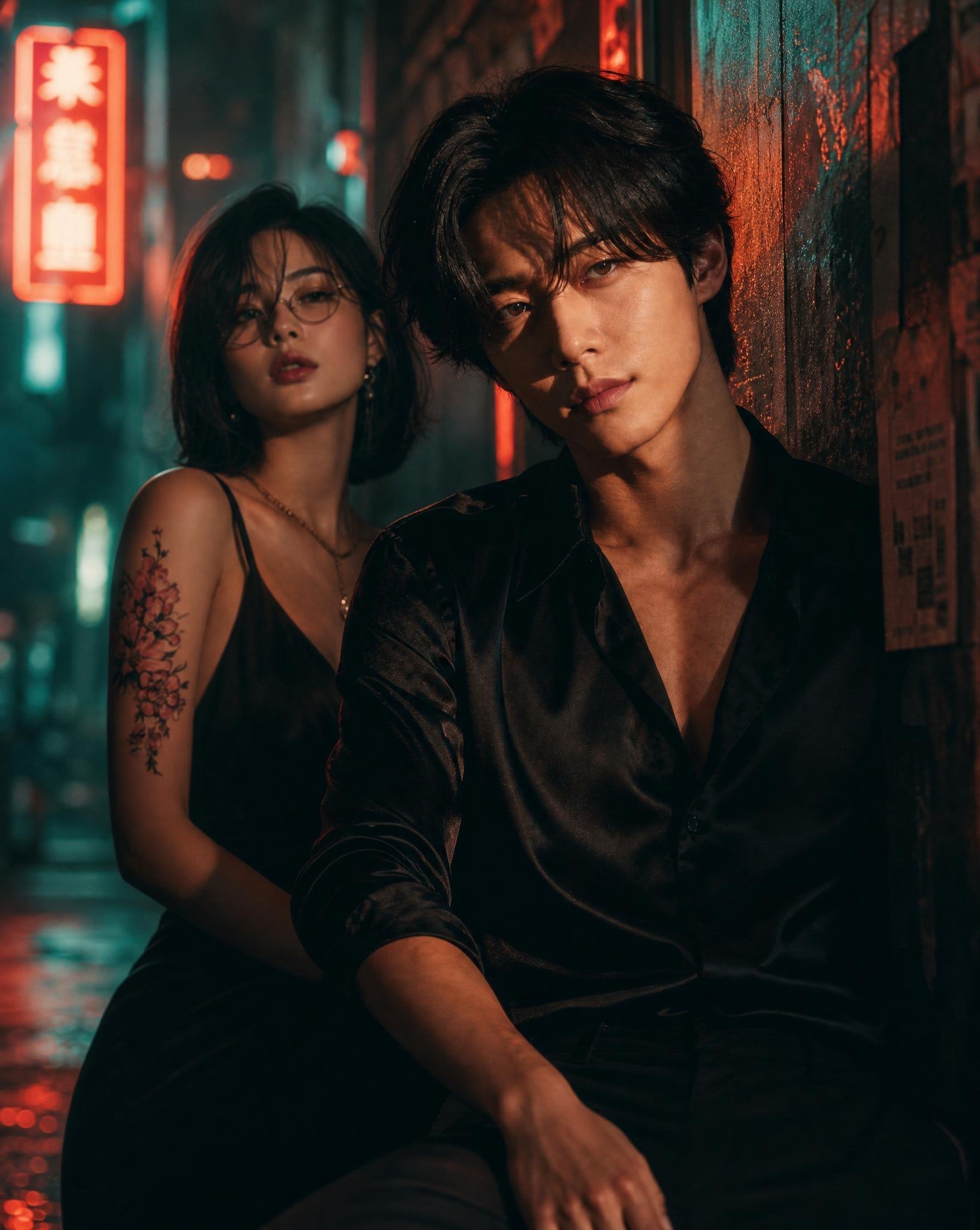 CINEMATIC NIGHT PORTRAIT OF TWO PEOPLE (USE MY PHOTO AND MY PARTNER'S PHOTO AS REFERENCE) STANDING CLOSE TOGETHER IN A NARROW URBAN ALLEY AT NIGHT, WITH MOODY FOG AND GLOWING NEON LIGHTS; ONE PERSON IN SHARP FOCUS LEANING AGAINST A TEXTURED WALL WITH A CALM, CONFIDENT EXPRESSION, THE OTHER SLIGHTLY BEHIND AND SOFTLY BLURRED WEARING GLASSES;LOW-KEY LIGHTING WITH SOFT RIM LIGHT, NEON REFLECTIONS ON SKIN, SHALLOW DEPTH OF FIELD, CINEMATIC BOKEH, TEAL-GREEN SHADOWS WITH WARM ORANGE HIGHLIGHTS, URBAN NOIR CYBERPUNK STYLE, 35MM LENS LOOK, SUBTLE FILM GRAIN, HIGH REALISM