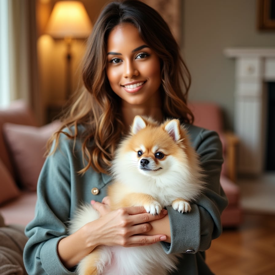 woman cradling her adorable Pomeranian in a stylish outfit, against a warm and cozy living room backdrop with soft lighting, warm colors, and plush furniture