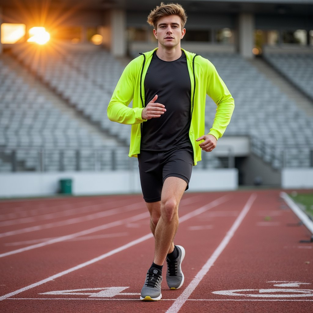 Man sprinting on a red tartan track at sunrise, breath visible in cool air; short fade haircut, slight stubble, intense forward focus; neon windbreaker half-unzipped over a compression tee, running tights layered with lightweight split shorts, knit mesh running shoes; dynamic panning shot at hip height to emphasize speed, 50mm, f/2.8, 1/60, ISO 200 with controlled subject sharpness and motion-blurred background; golden hour backlight with warm rim on shoulders and cool ambient fill from the sky; stadium bleachers and lane numbers softly blurred, minimal clutter; fabric wrinkles and reflective piping on windbreaker clearly rendered; highly detailed, highly realistic, HDR