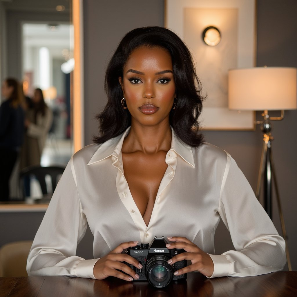 woman in an elegant, contemporary look, photographed in a scene that celebrates visual storytelling and creative expression. A vintage camera is placed as a creative prop. The background is softly blurred with gallery-inspired elements and artistic lighting accents. Studio lighting enhances her facial features with sculpted shadows and soft gradients. Her expression radiates quiet confidence and artistic energy. Hyper-detailed, HDR quality, sharp focus.