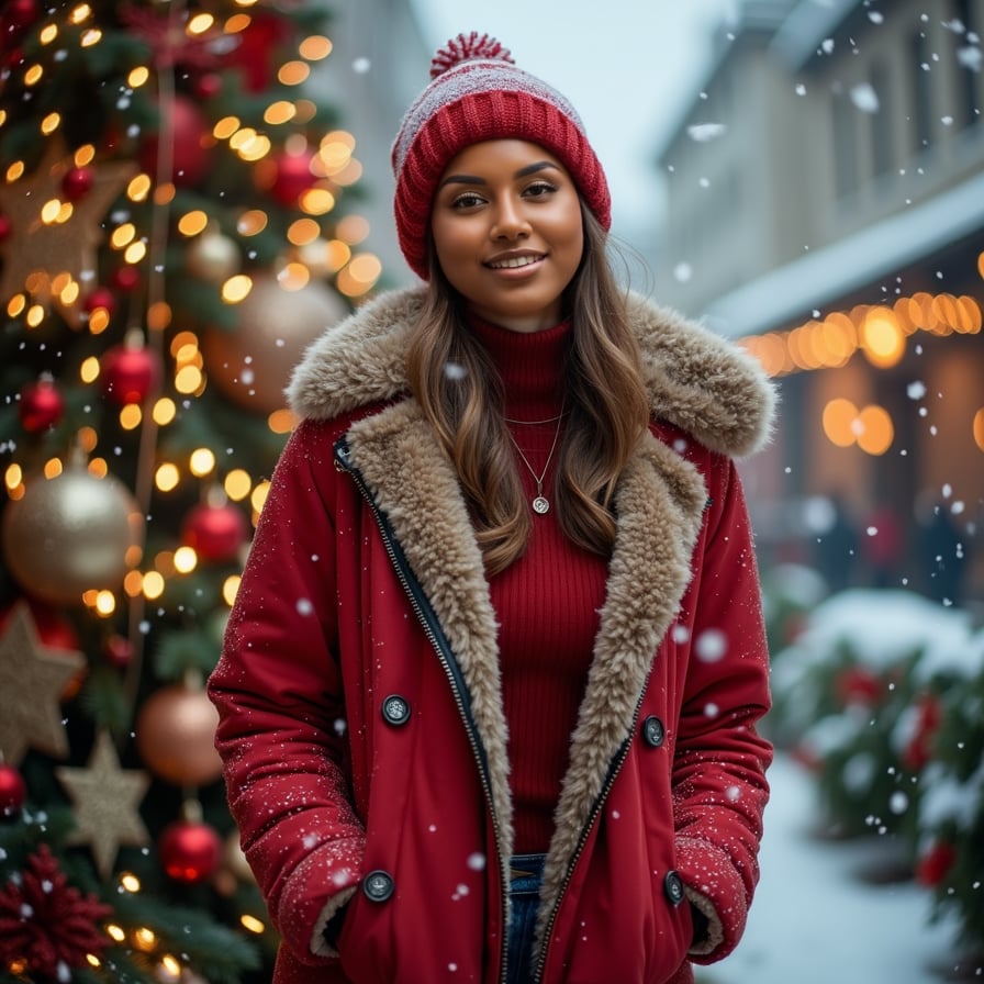 woman in luxurious fur-trimmed coat, festive holiday accessories, and a warm winter hat, surrounded by snowflakes and twinkling Christmas lights, exuding joy and coziness.
