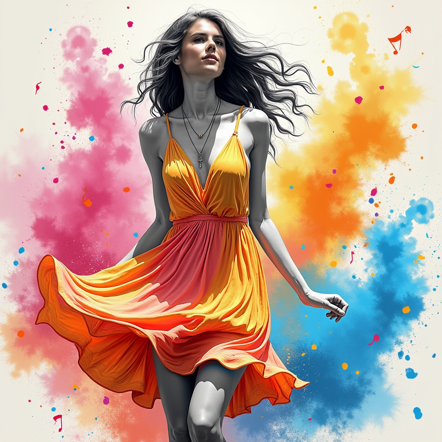 A vibrant sketch of a young woman dancing at a lively festival, her dress swirli